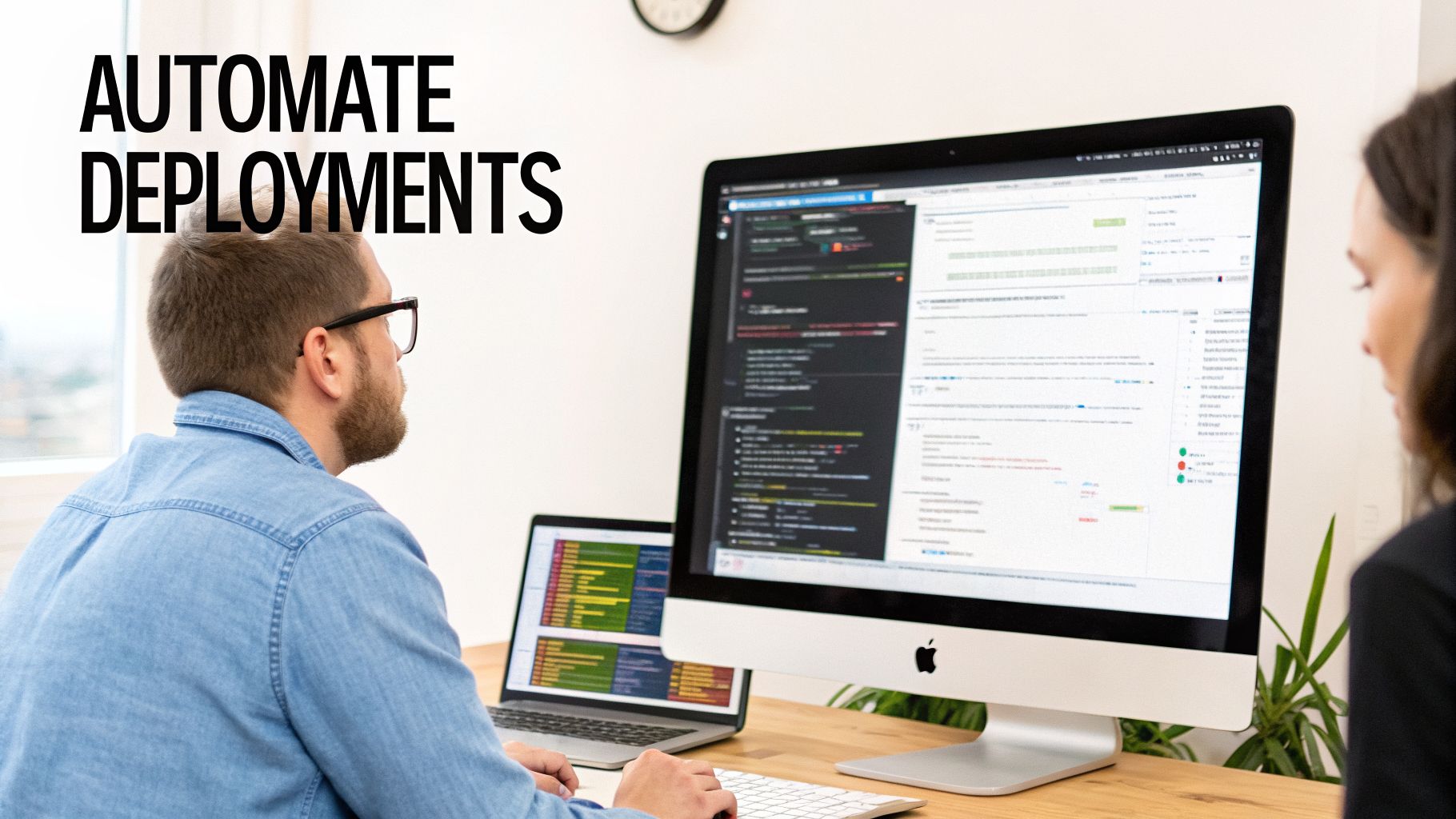 A man and a woman working on computers displaying code and 'AUTOMATE DEPLOYMENTS' text.