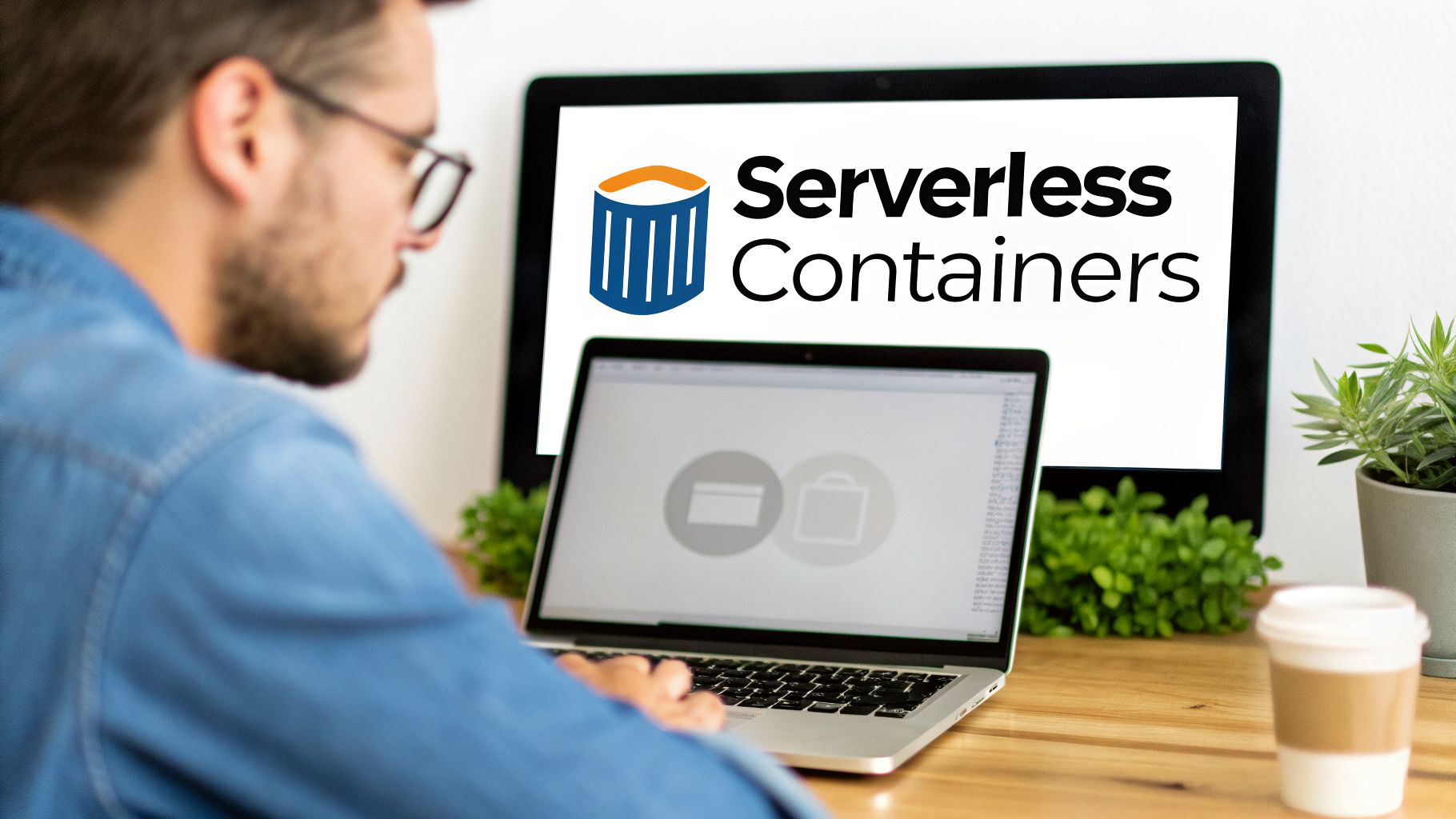 Man working on a laptop, with a monitor in the background displaying 'Serverless Containers' logo.
