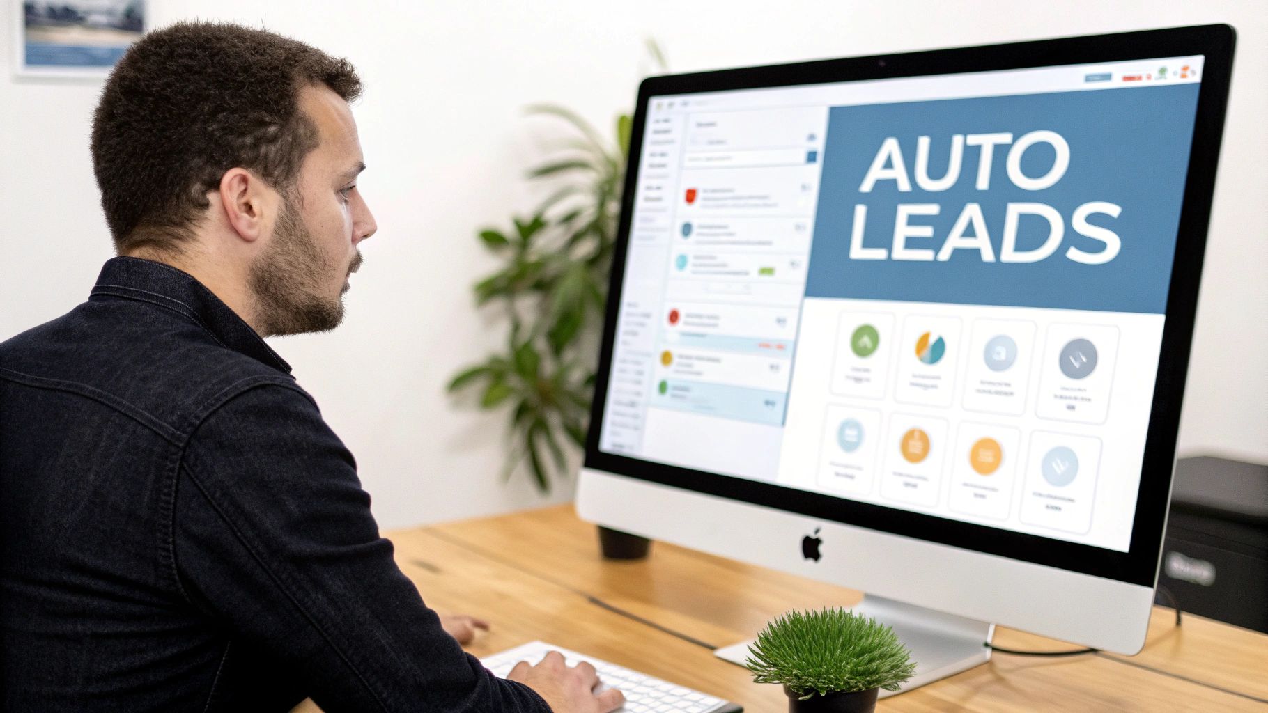 Man at a desk working on a computer displaying an 'AUTO LEADS' dashboard interface.