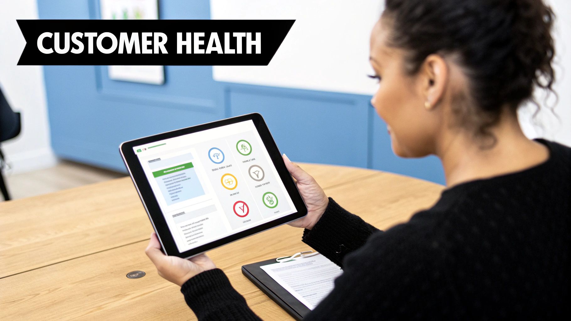 A person views a 'Customer Health' dashboard on a digital tablet in an office setting.