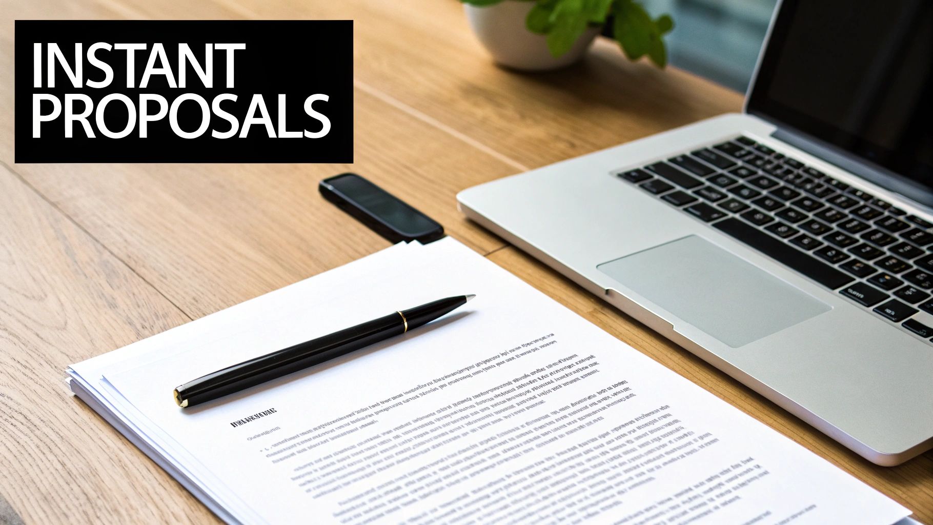 A wooden desk with a laptop, stacked papers, a pen, and a sign saying 'INSTANT PROPOSALS'.