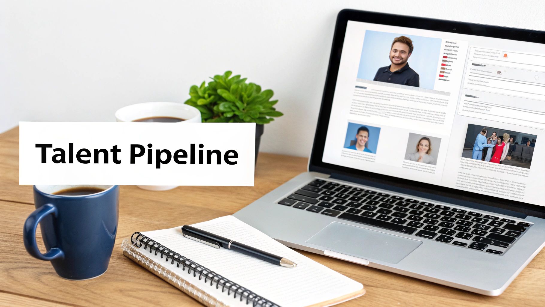 A desk with a 'Talent Pipeline' sign, laptop showing candidate profiles, coffee, and a notebook.