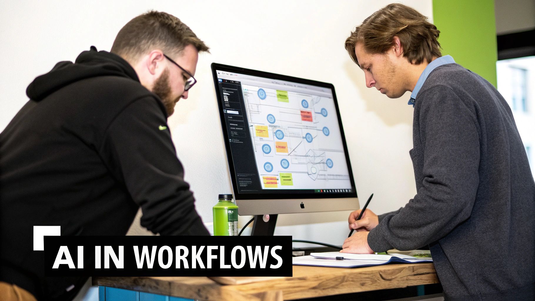Two men analyze an AI workflow diagram on a computer screen, collaborating on business processes.
