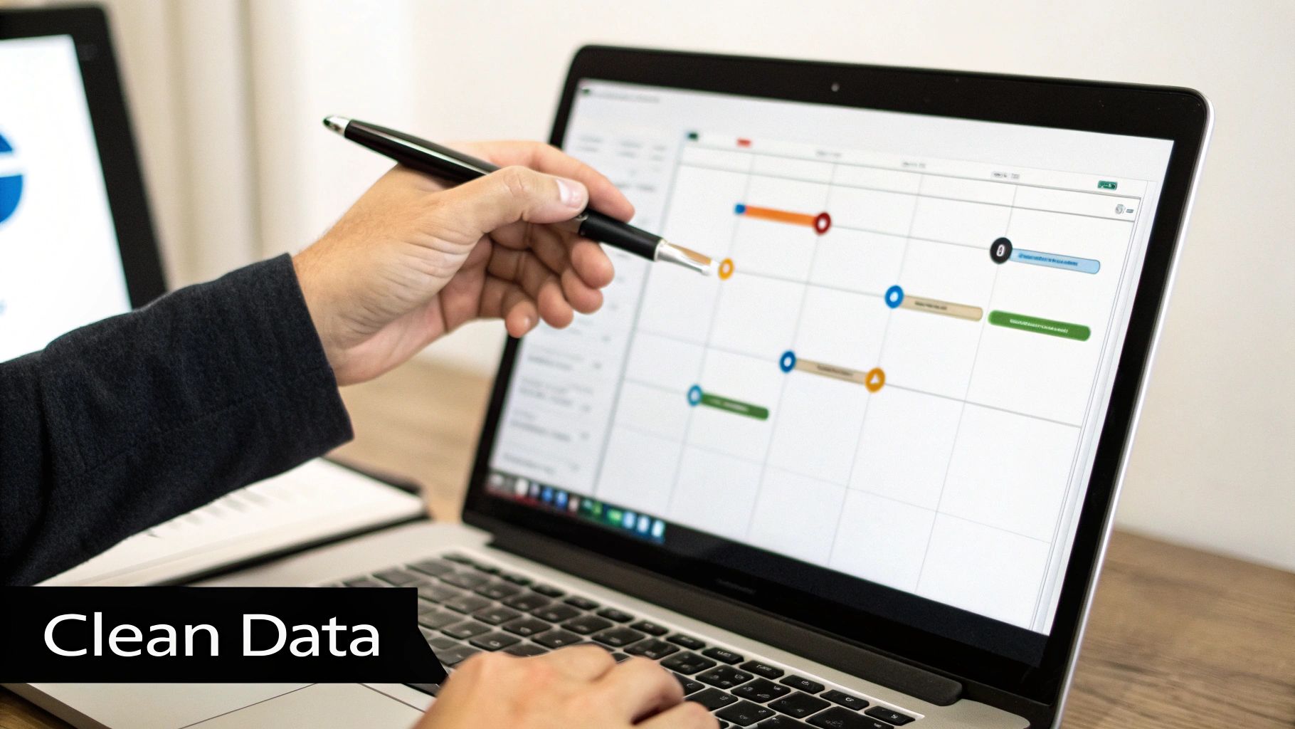 A professional points at a data visualization chart on a laptop screen with a pen while typing.