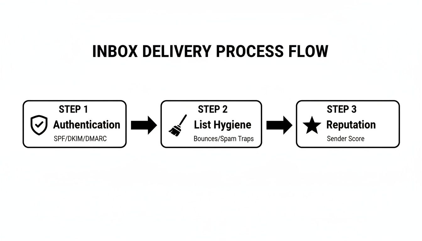 Flowchart illustrating the Inbox Delivery Process with steps for authentication, list hygiene, and reputation.