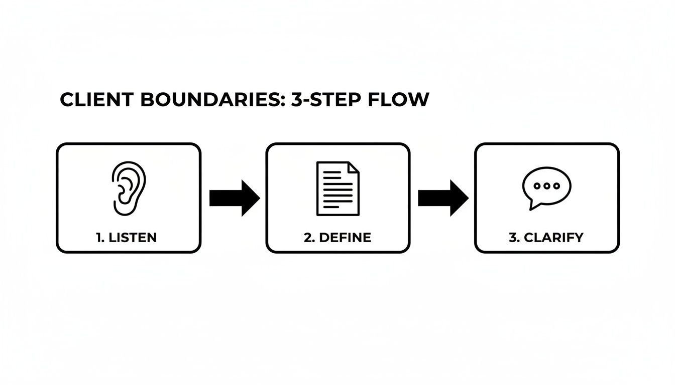 A three-step flow chart illustrating client boundaries: 1. Listen, 2. Define, and 3. Clarify.