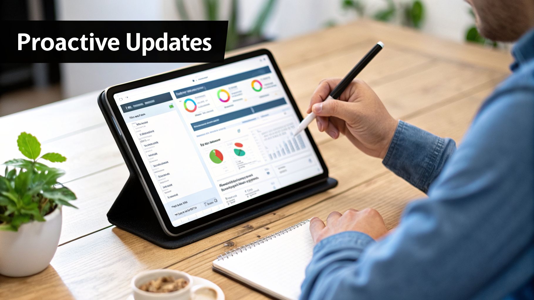 Professional reviewing business analytics and 'Proactive Updates' on a tablet with a stylus.