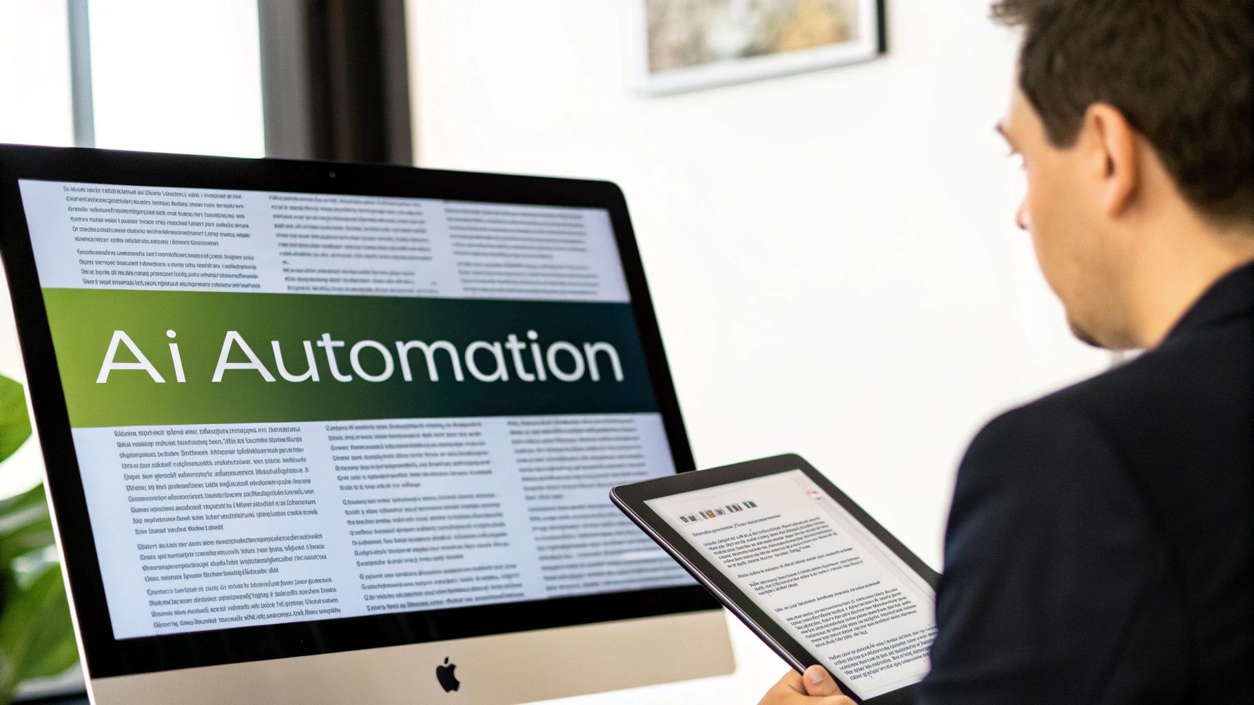A person views 'Ai Automation' on a computer screen while holding a tablet in an office.