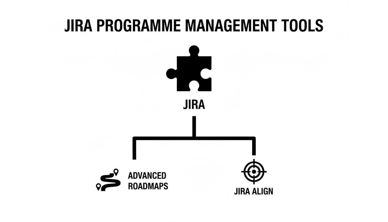 A black and white diagram showing Jira Programme Management Tools: Jira, Advanced Roadmaps, and Jira Align.