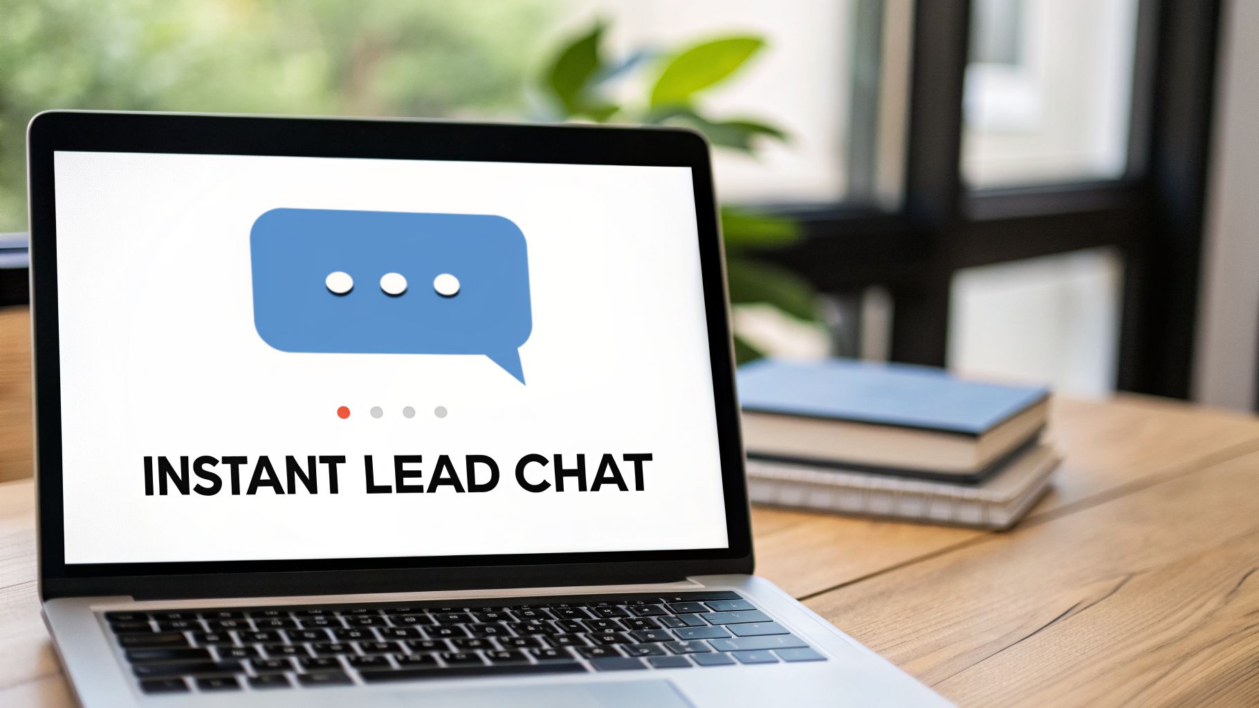 A laptop screen displays a chat bubble icon and the text 'INSTANT LEAD CHAT' on a wooden desk.
