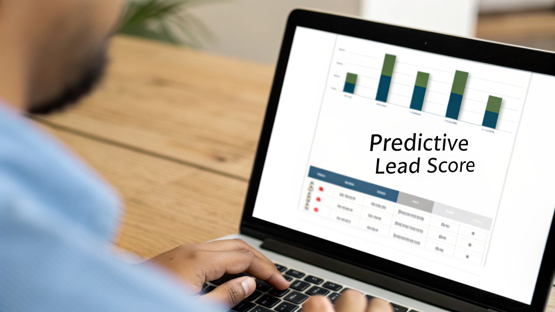 A person is typing on a laptop showing a 'Predictive Lead Score' dashboard with graphs and data.