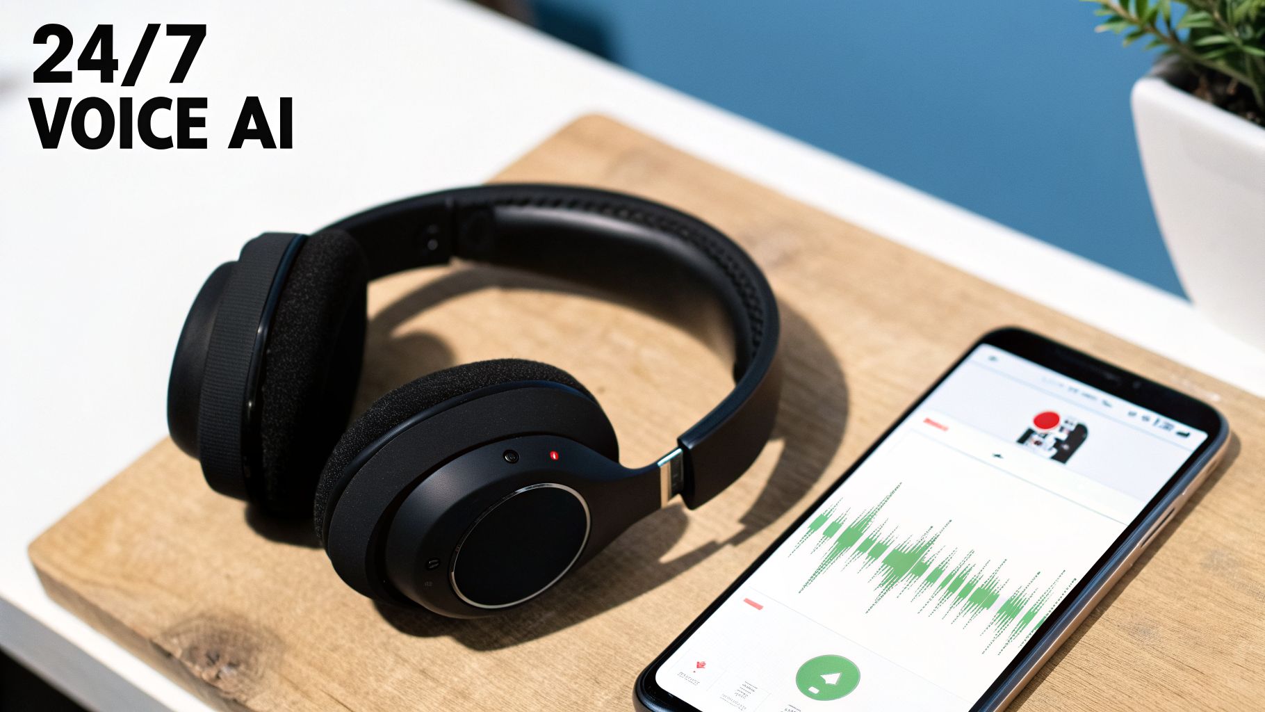 Black headphones and a smartphone displaying a voice AI recording on a wooden table.
