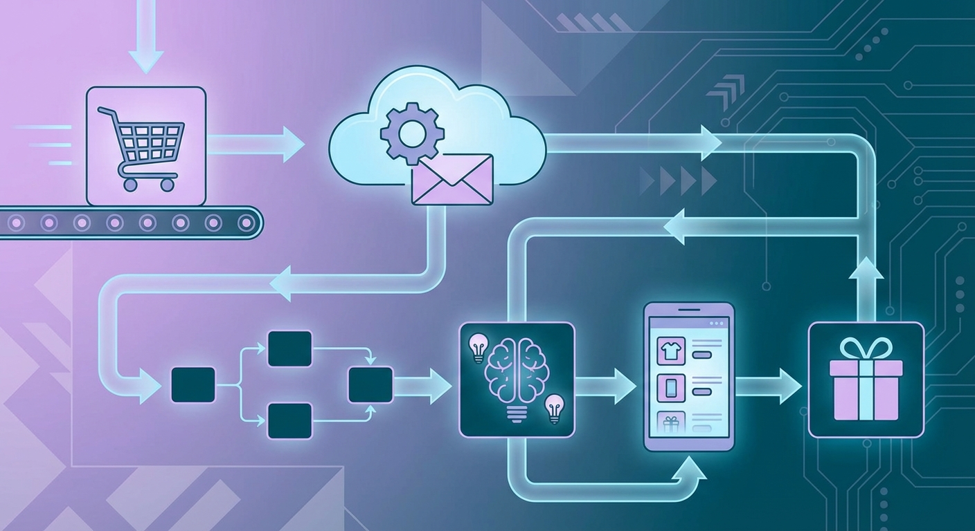 E-commerce marketing automation workflows connecting shopping cart to email campaigns and product recommendations