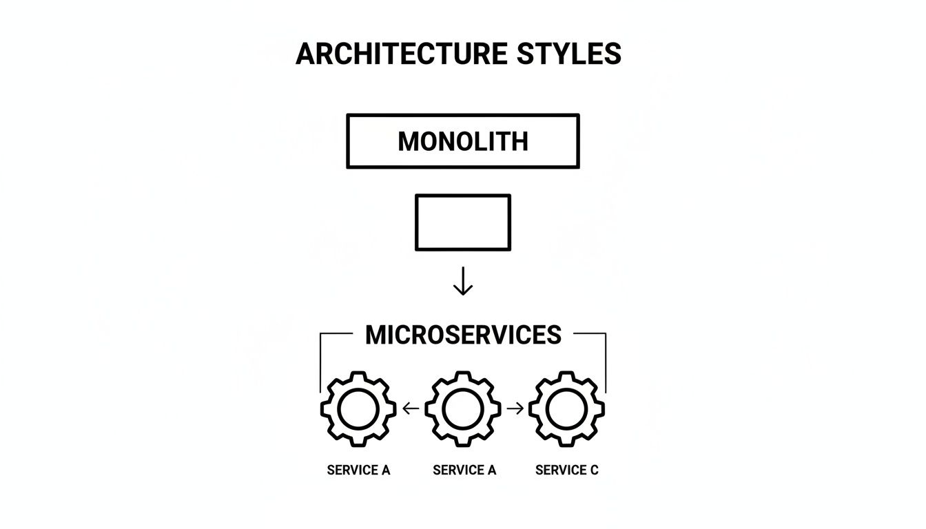 Diagram comparing monolithic and microservices architecture styles, showing a transition from one large system to interconnected smaller services.