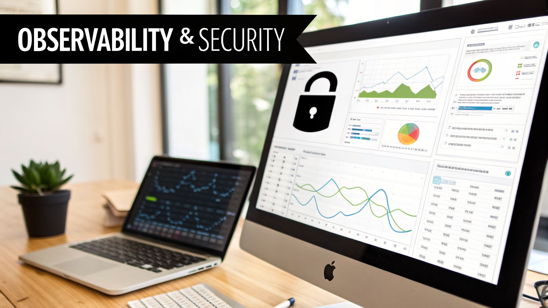 A desk with two computers displaying data dashboards and a lock icon, highlighting observability and security.