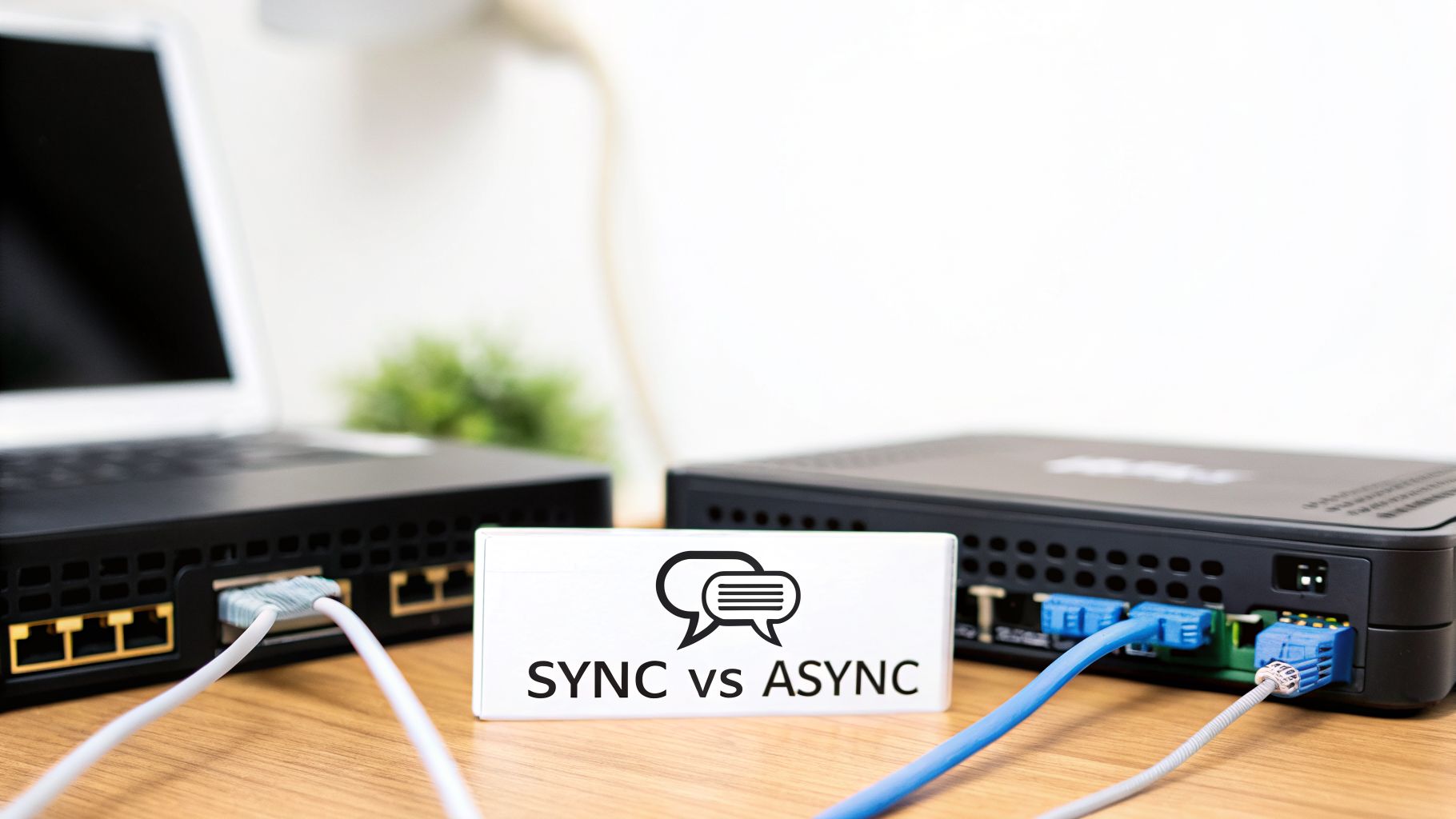 Network routers connected by Ethernet cables, with a sign displaying 'SYNC vs ASYNC' concepts.