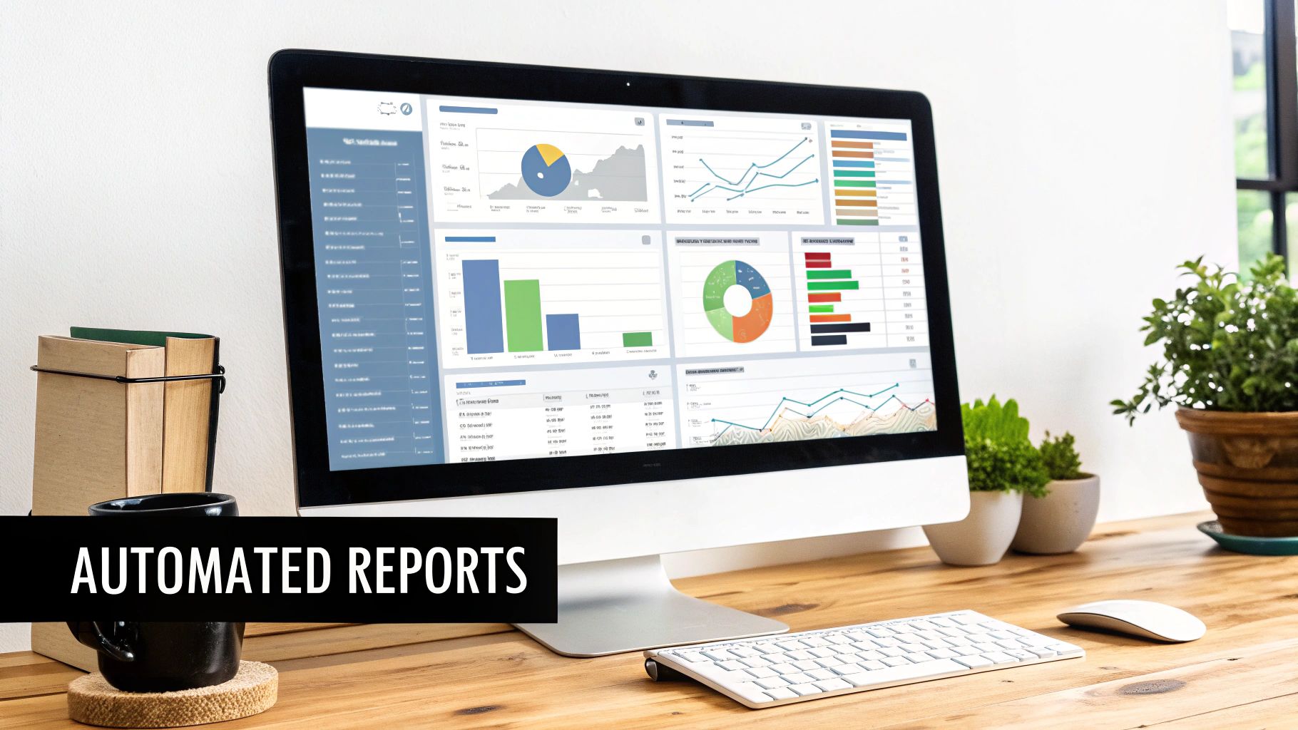A computer monitor on a wooden desk displays automated data reports with various charts and graphs.