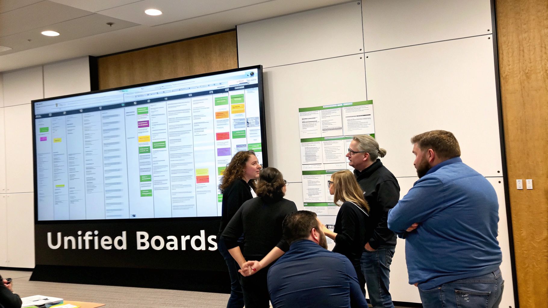 Professionals collaborate around a large screen showing a project management board in a modern office.