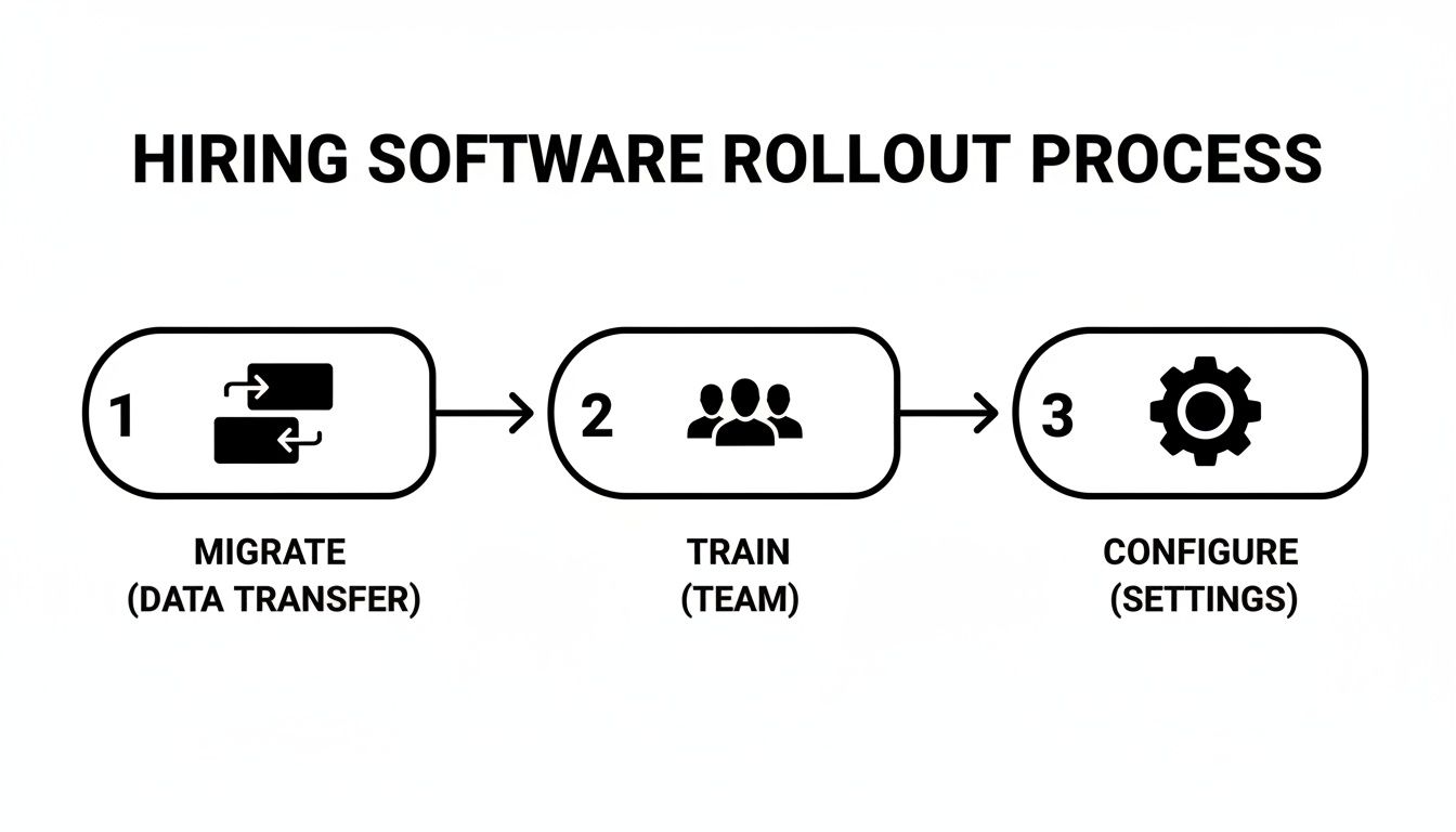 Visual diagram illustrating the three-step hiring software rollout process: data migration, team training, and settings configuration.