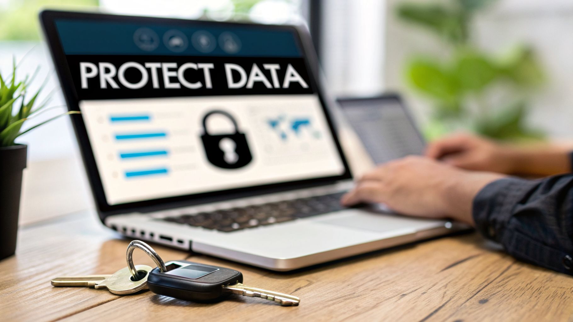 A person types on a laptop displaying 'PROTECT DATA' and security icons, with keys on a wooden desk.