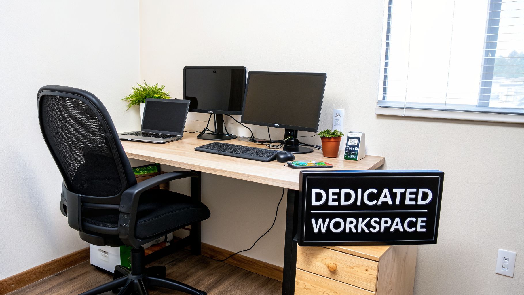 A dedicated workspace featuring a light wooden desk, black mesh chair, dual monitors, and a laptop.