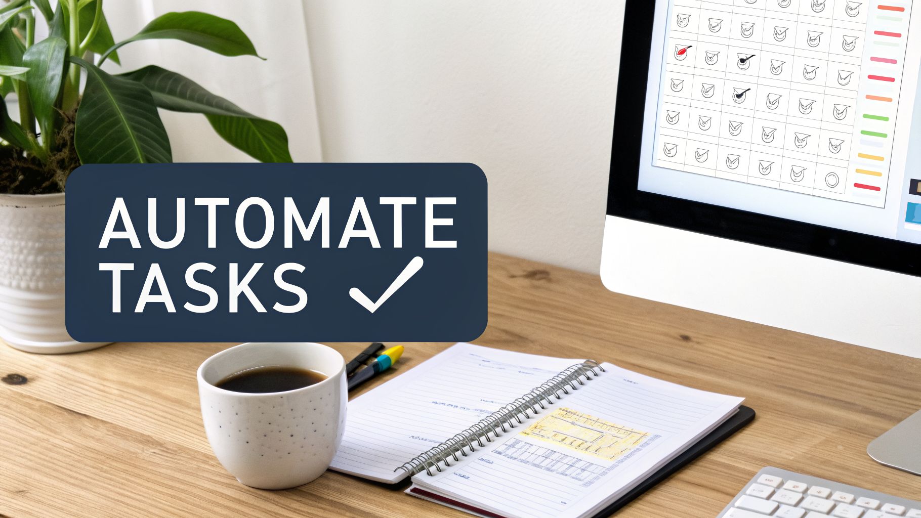 A desk with a monitor displaying tasks, coffee, a plant, and a banner 'Automate Tasks' with a checkmark.