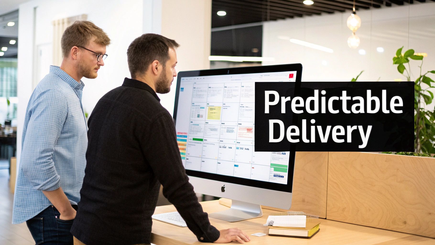 Two men collaborate, reviewing a digital scheduling board on an Apple iMac in a modern office.