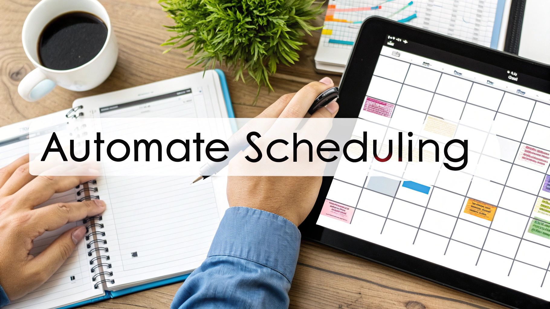 Hands using a pen on a notebook and a tablet displaying a calendar with 'Automate Scheduling' text.