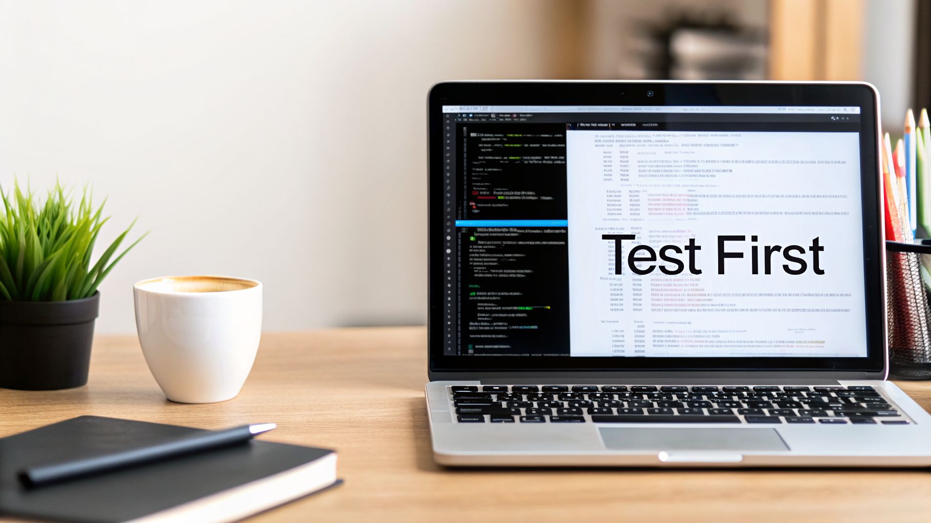 A modern developer workspace with a laptop showing 'Test First' code, a coffee cup, and a plant.
