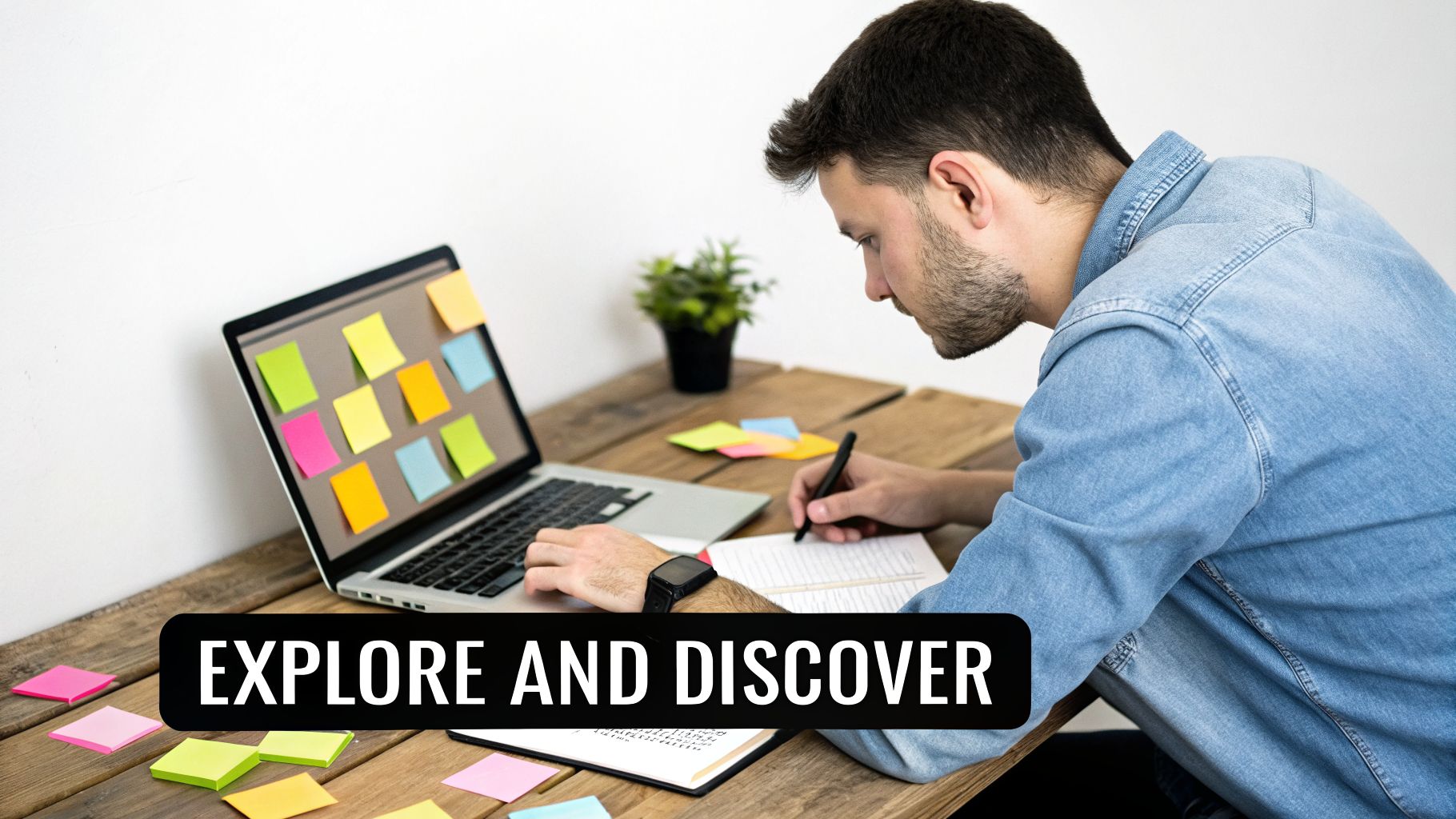 A man in a denim shirt writes in a notebook at a wooden desk with a laptop and colorful sticky notes.