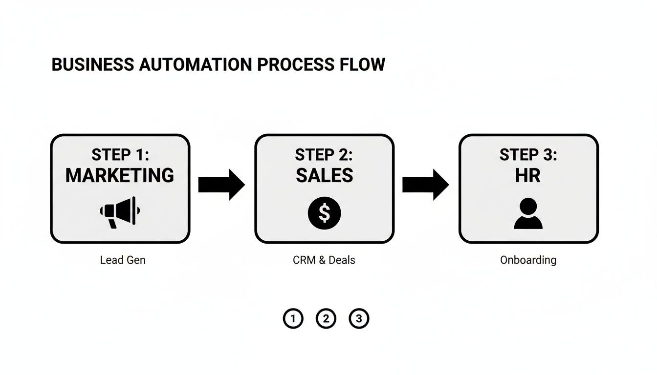 Flowchart illustrating a business automation process with steps for marketing, sales, and HR departments.