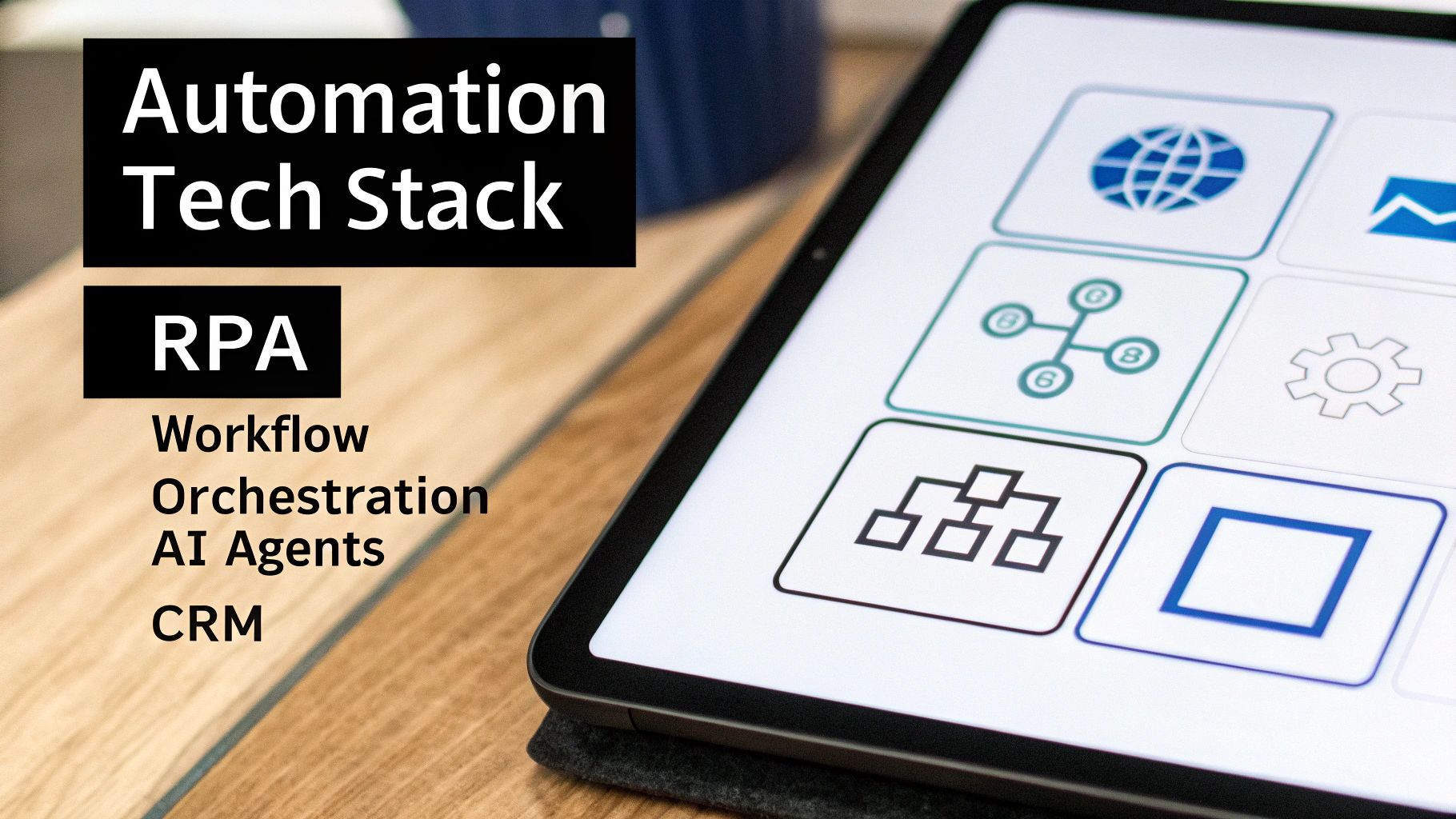 A tablet displays an 'Automation Tech Stack' list, including RPA, Workflow Orchestration, AI Agents, and CRM.