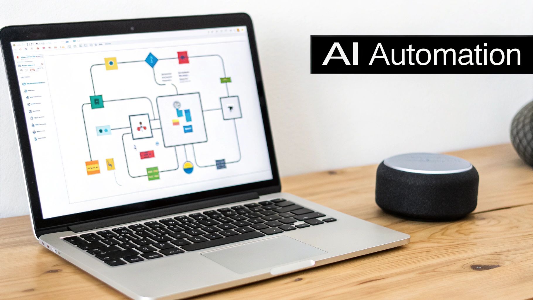 A laptop displays a process flow diagram, accompanied by an AI smart speaker and 'AI Automation' text.