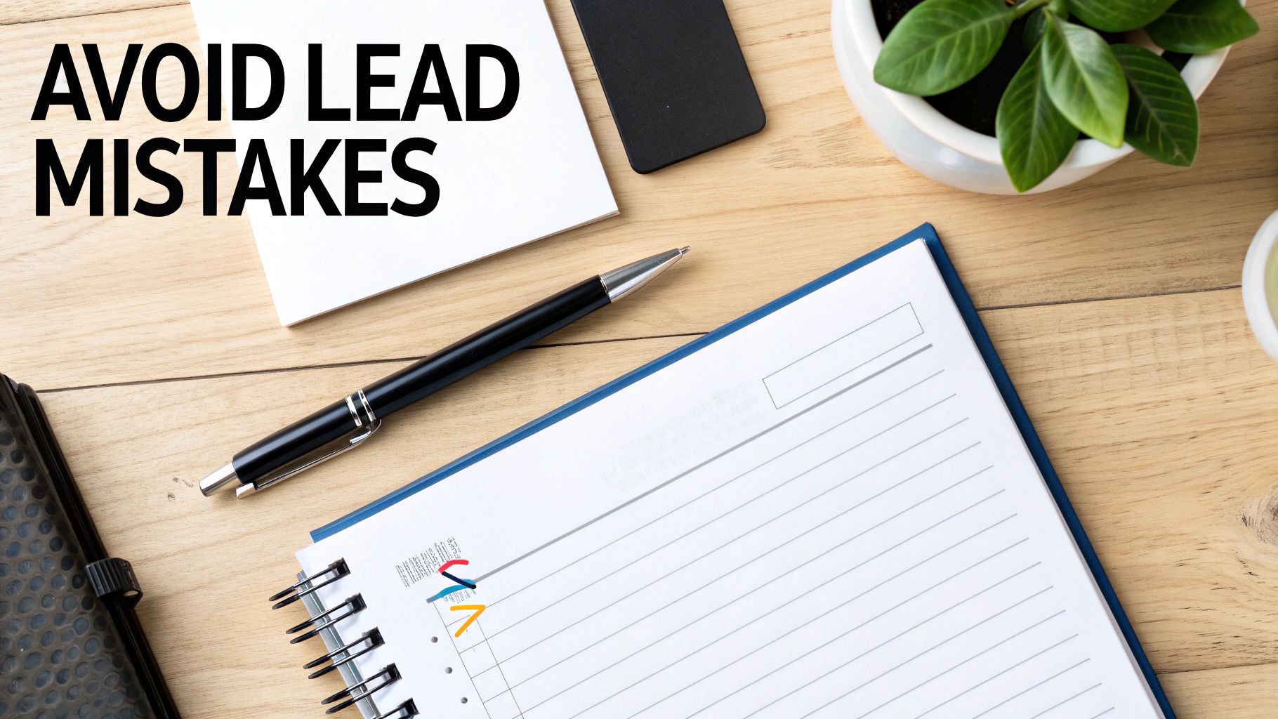 Flat lay of a wooden desk with a notebook displaying 'AVOID LEAD MISTAKES', a pen, and a plant.
