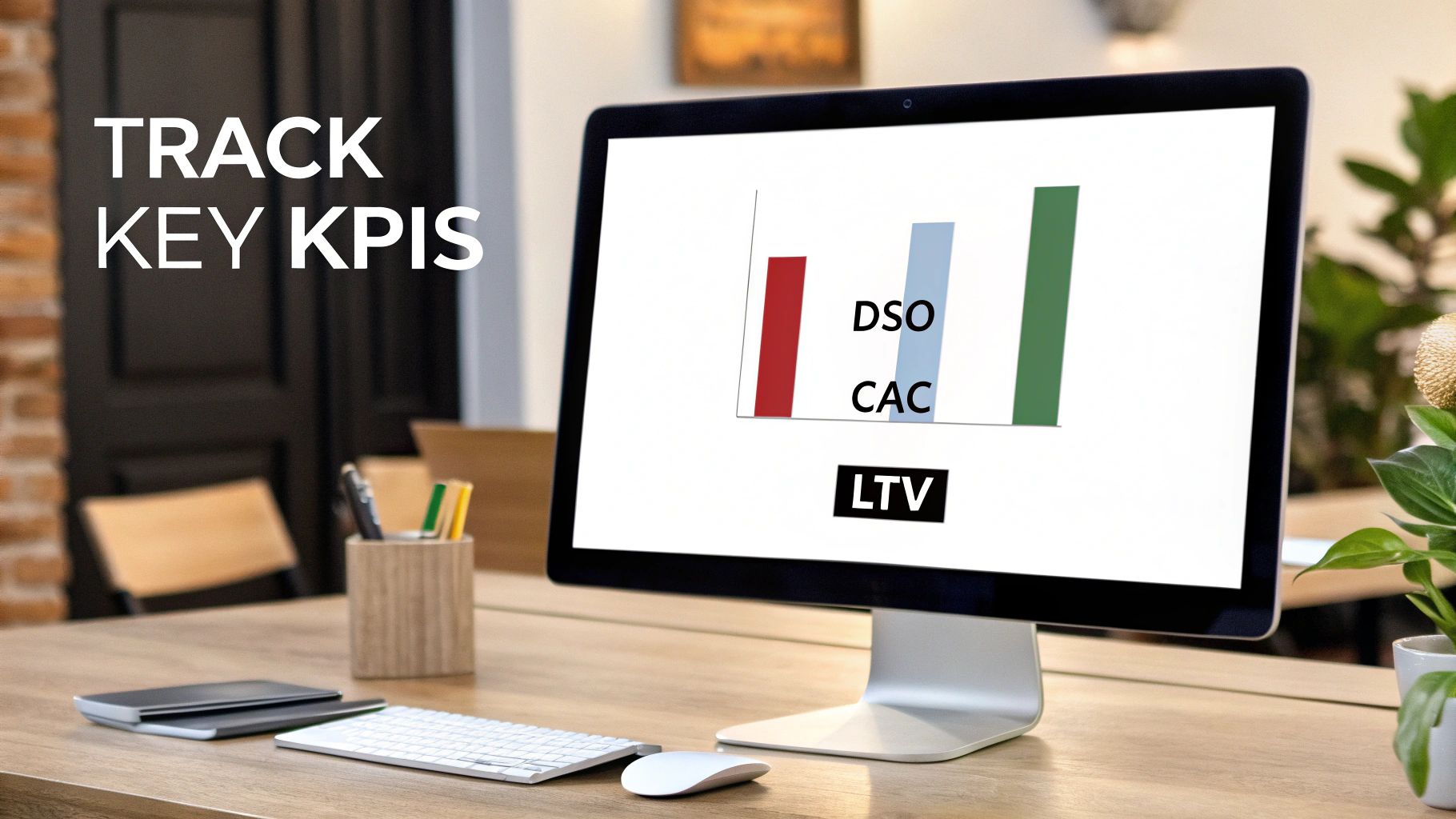 Computer monitor displaying key performance indicators (KPIs) like DSO, CAC, LTV, on a modern office desk.