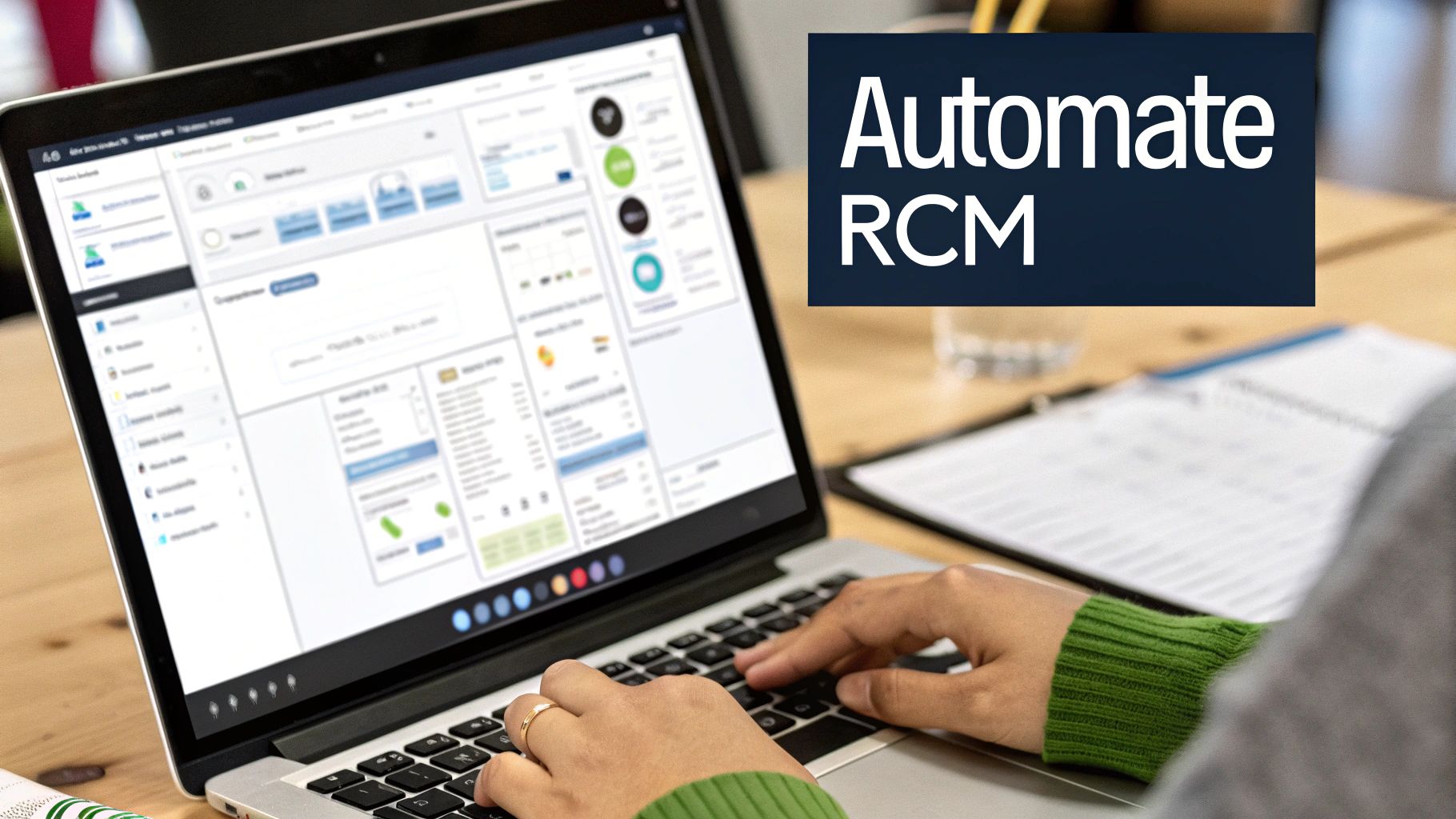A person types on a laptop showing a business automation interface and 'Automate RCM' text.