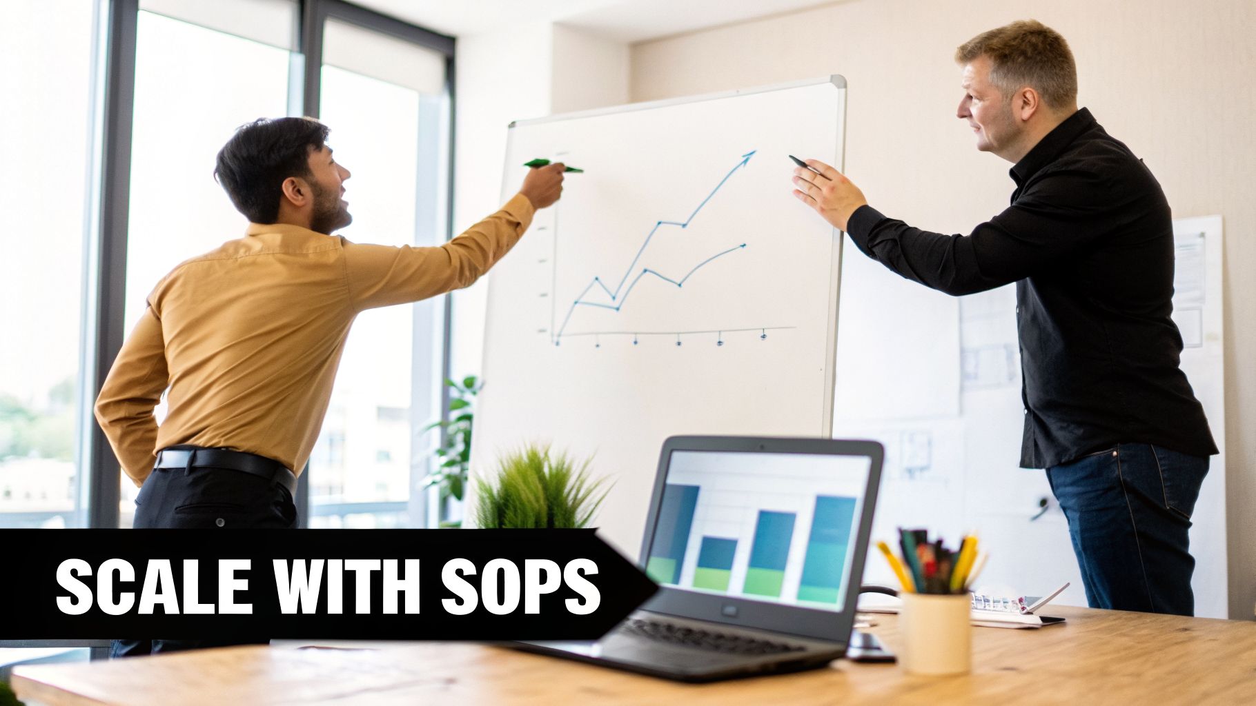 Two businessmen analyze growth charts on a whiteboard and laptop in a modern office.