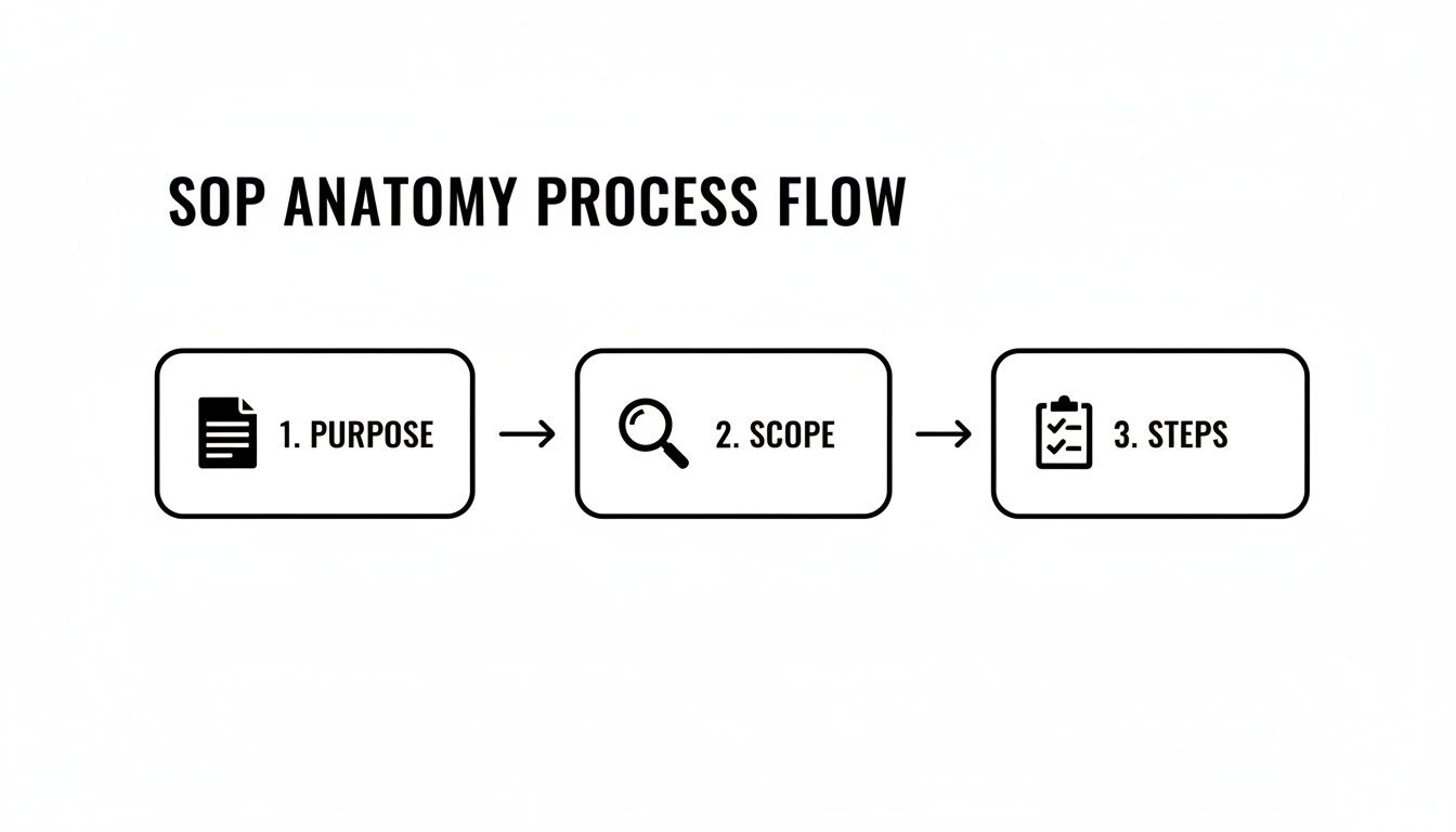 A clear flowchart illustrating the SOP anatomy process flow, detailing three steps: Purpose, Scope, and Steps.