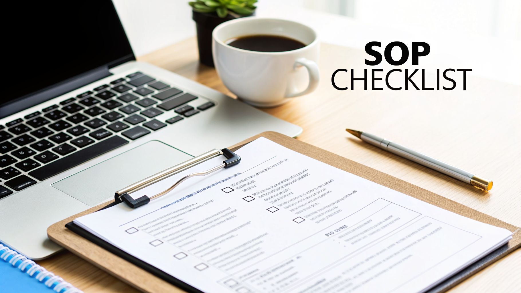A flat lay of a desk with a laptop, coffee, plant, and an SOP checklist document on a clipboard.