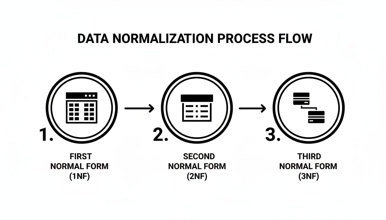Flowchart showing data normalization process from First Normal Form (1NF) through Second (2NF) to Third (3NF).