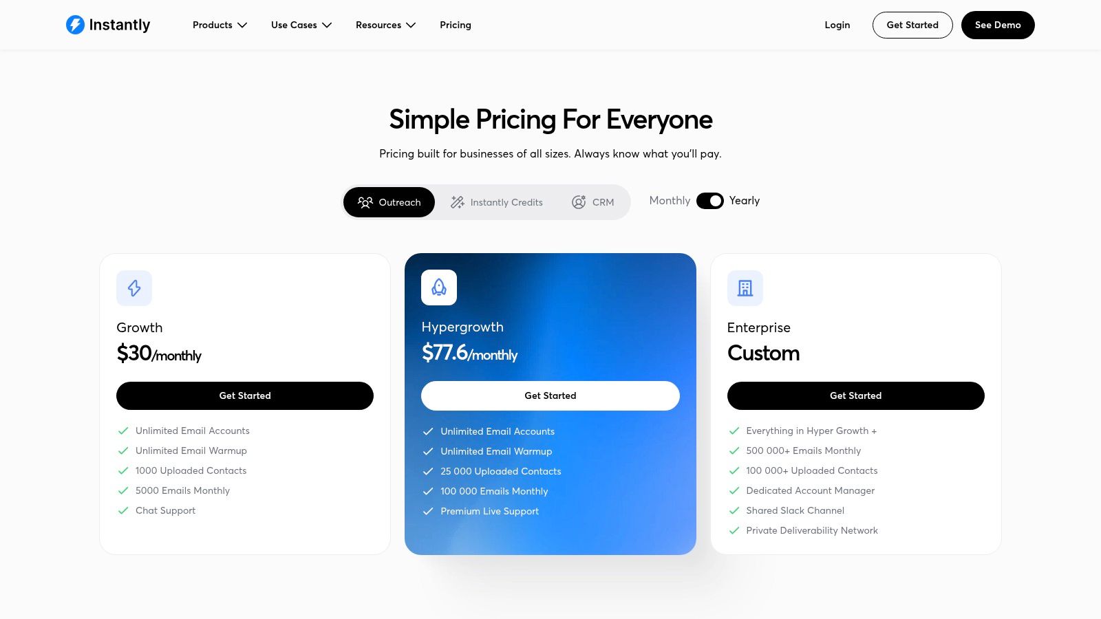Instantly pricing plans showing Growth, Hypergrowth, and Light Speed tiers