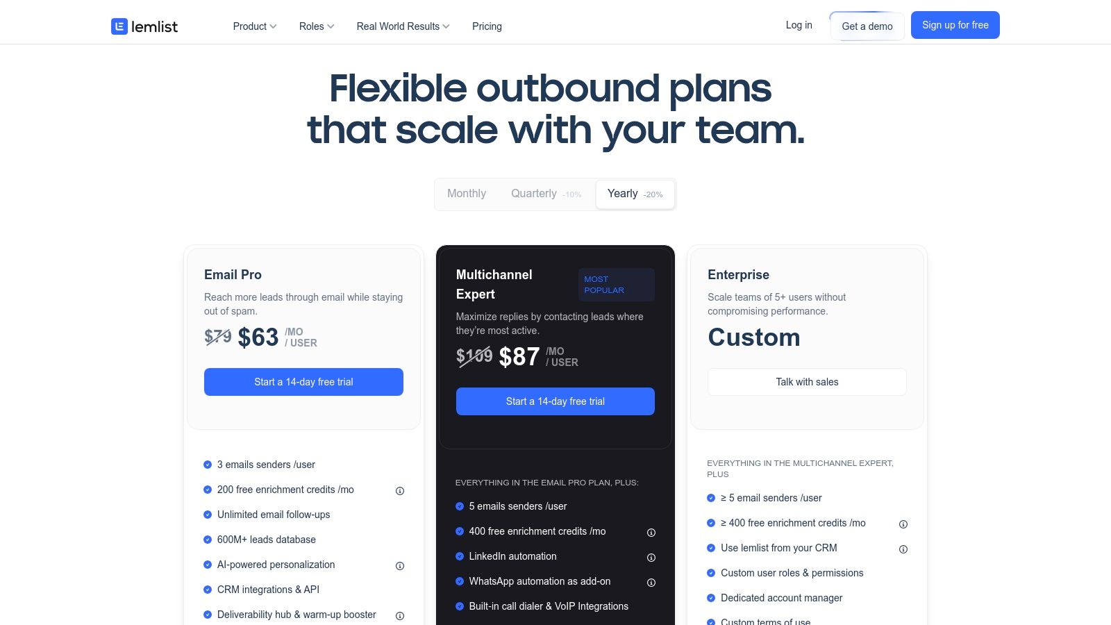 lemlist pricing plans showing Email Starter, Email Pro, and Multichannel Expert tiers