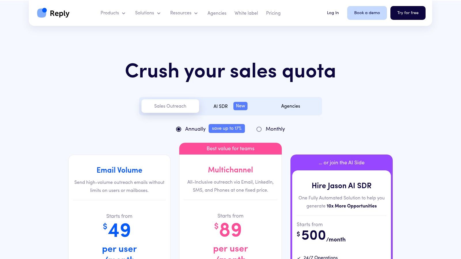 Reply.io pricing plans showing different tiers for sales engagement