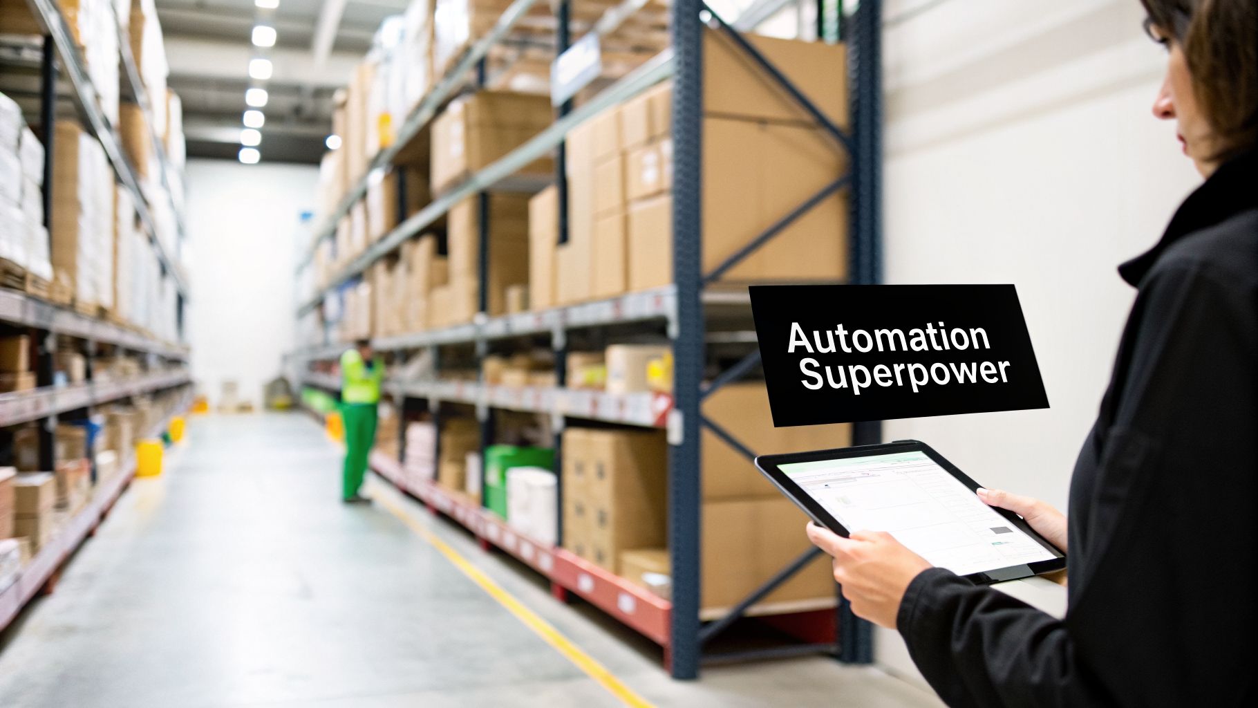 A woman uses a tablet in a warehouse, with "Automation Superpower" displayed on screen.