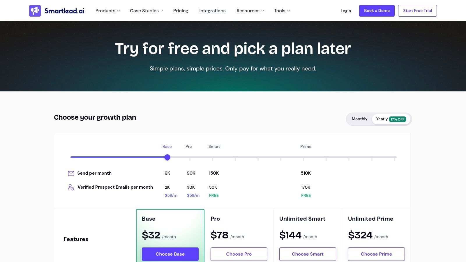 Smartlead.ai pricing plans showing Basic, Popular, and Pro tiers