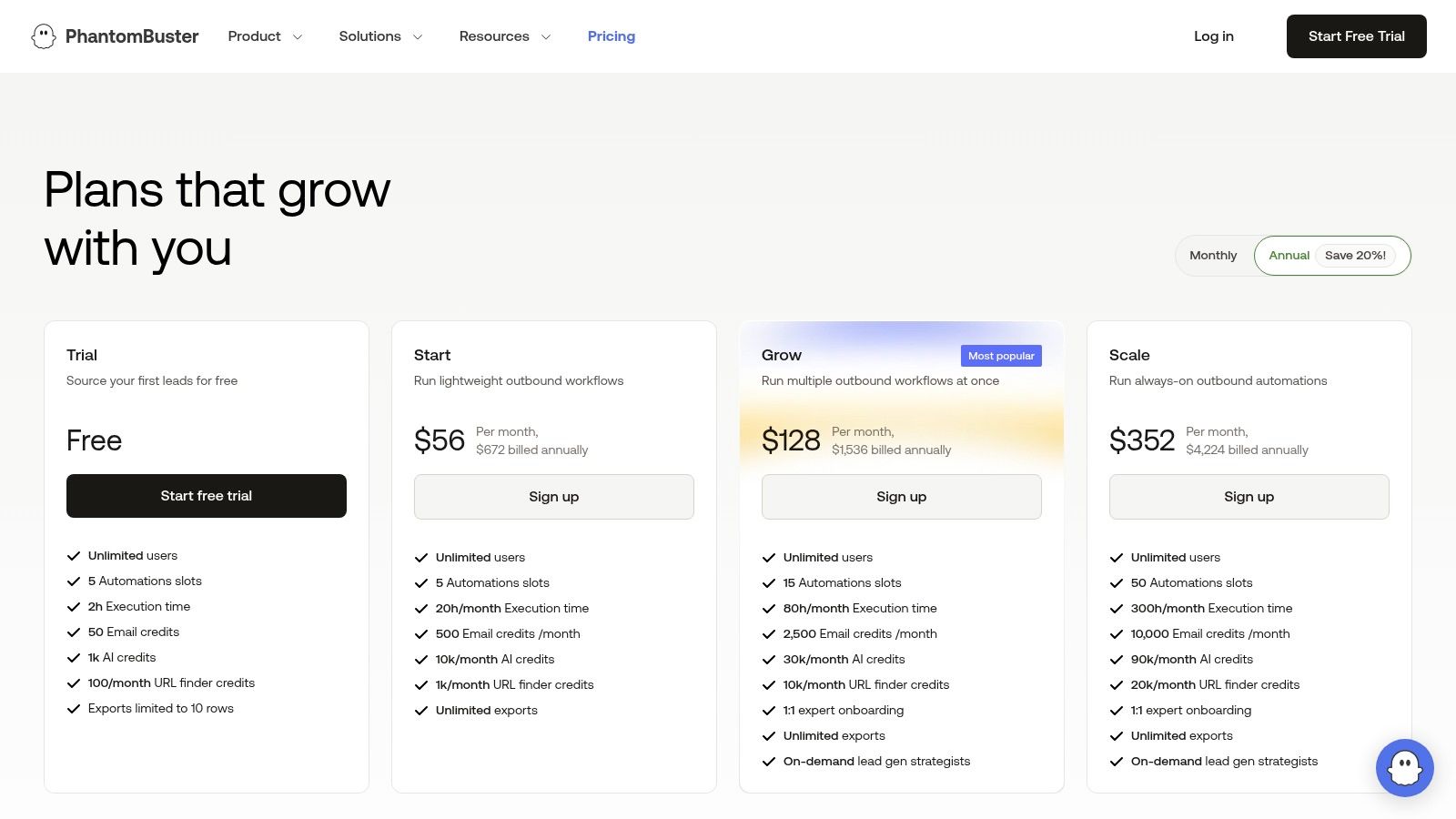 PhantomBuster pricing plans showing Free, Starter, Pro, and Team tiers