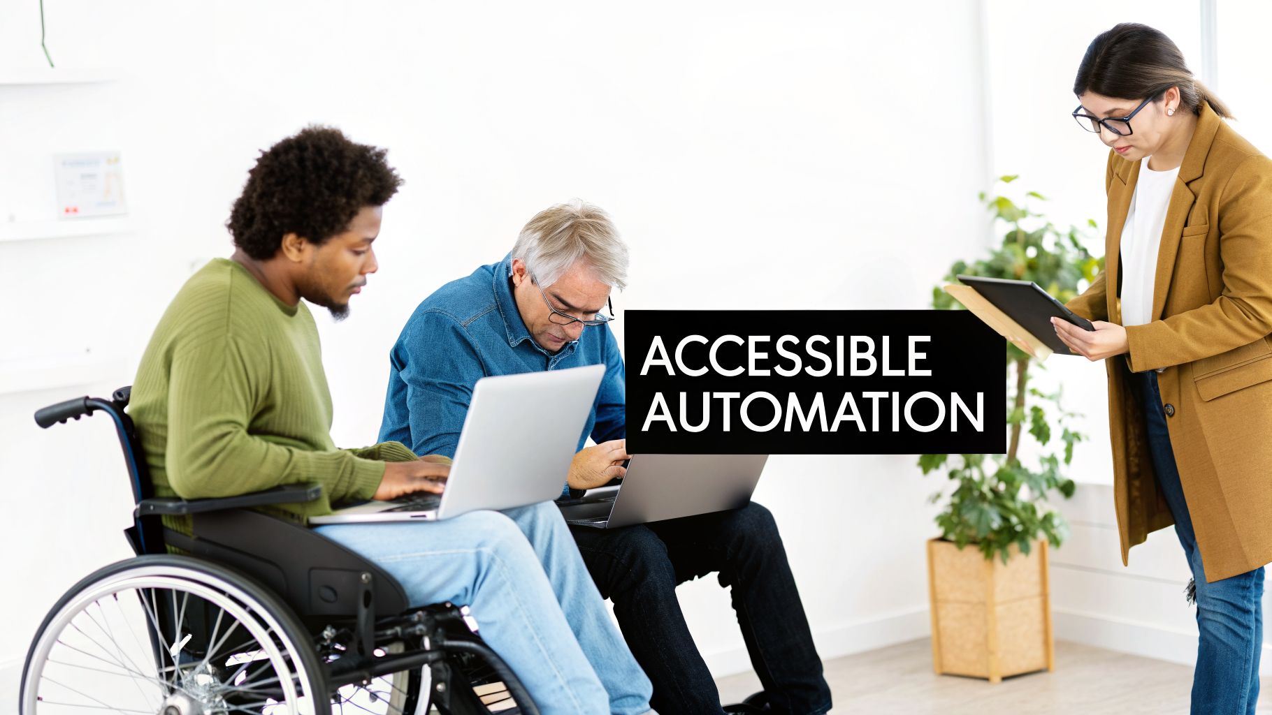 Three diverse colleagues, including a man in a wheelchair, working with laptops and a tablet, promoting accessible automation.