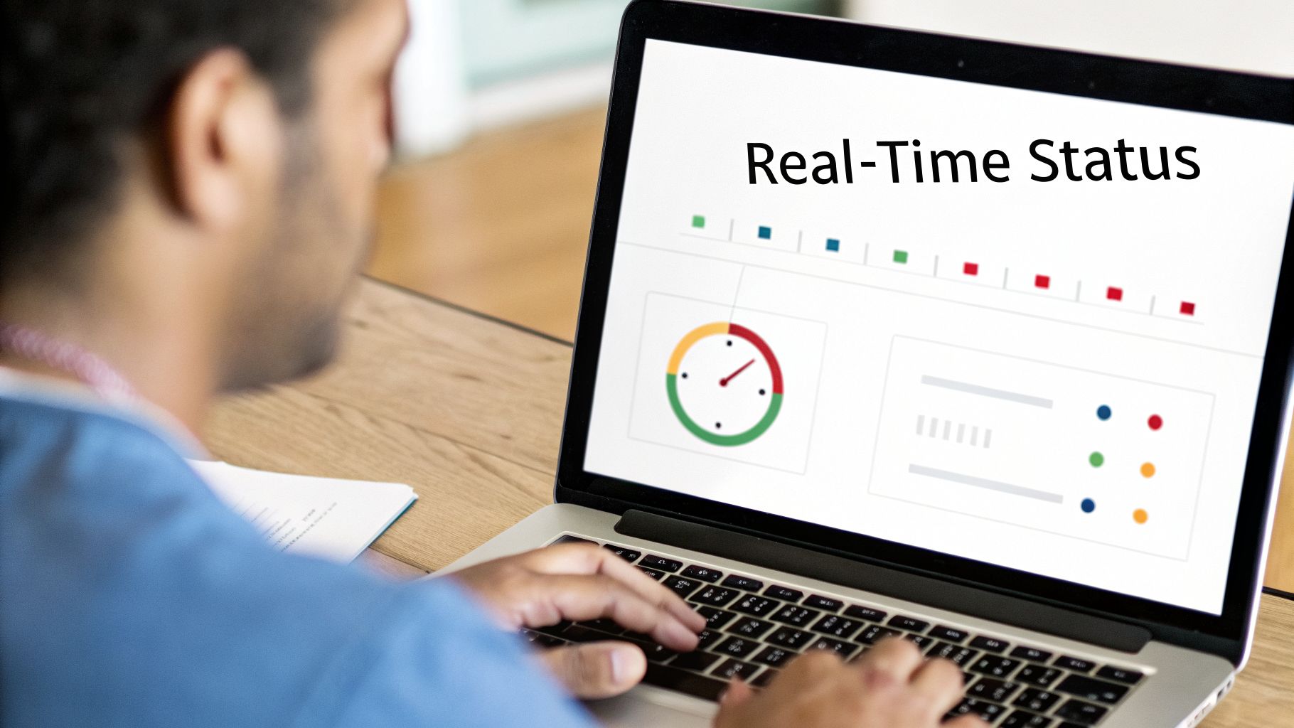 A person types on a laptop displaying a real-time status dashboard with various data visualizations.