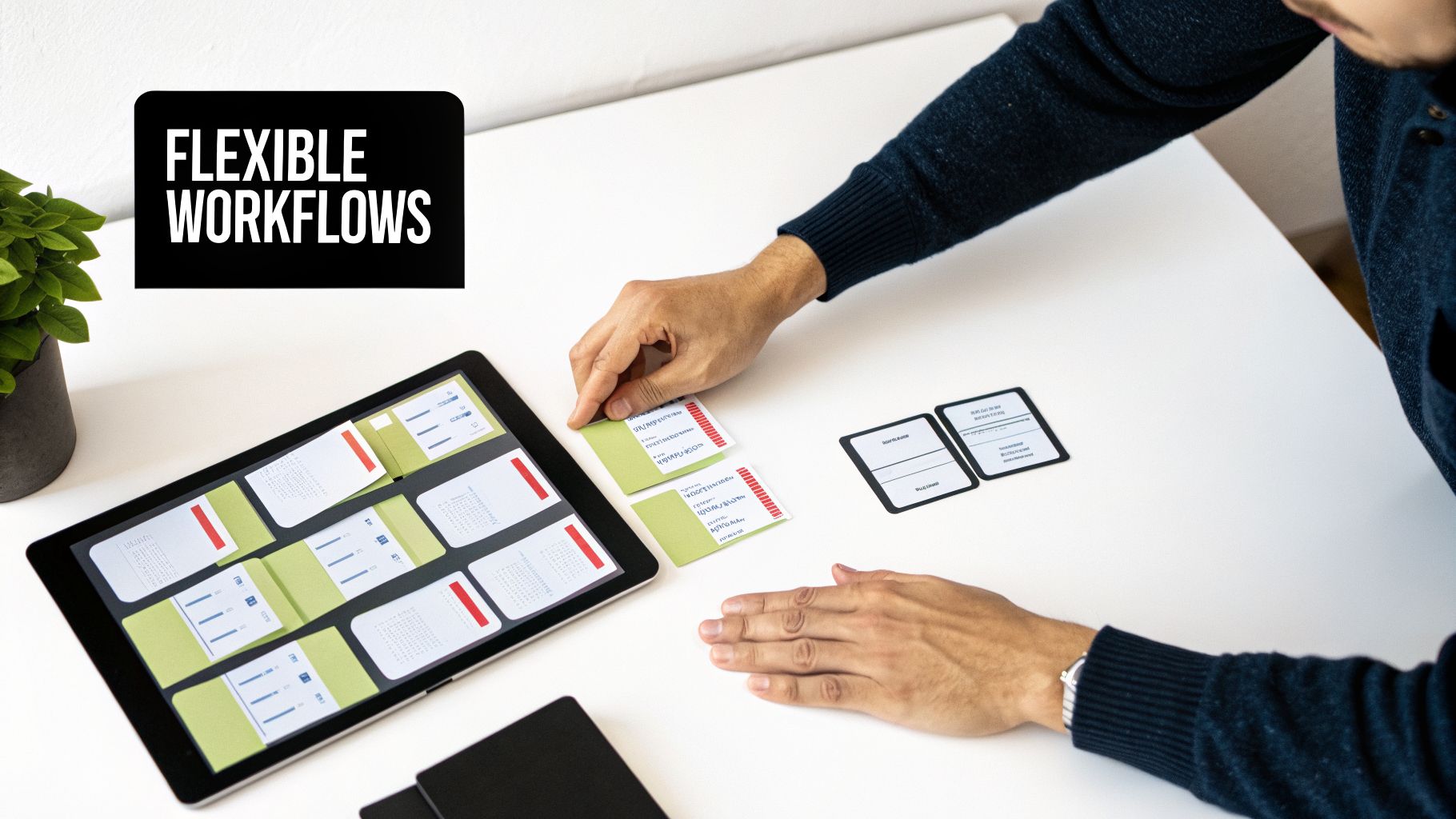 A person arranges physical cards on a desk next to a tablet showing a digital workflow, highlighting flexible workflows.
