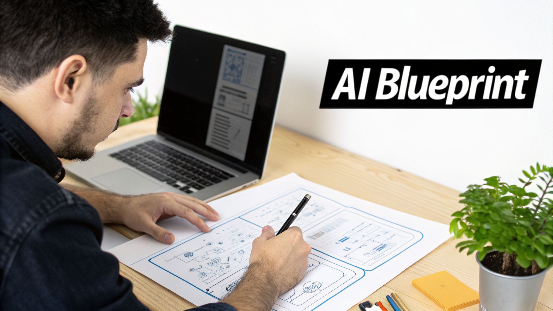 A man sketches a diagram on paper while working on a laptop, with "AI Blueprint" text on the wall.